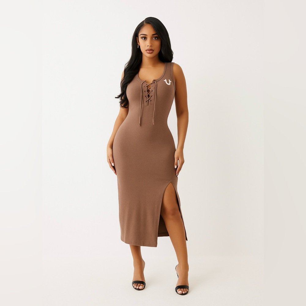 🆕 True Religion Horse Shoe Logo Lace Up Midi Dress